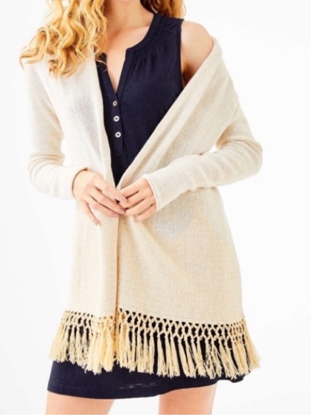 Lilly Pulitzer Tantum Gold/Cream Open-Front Fringe Sweater Cardigan. Small